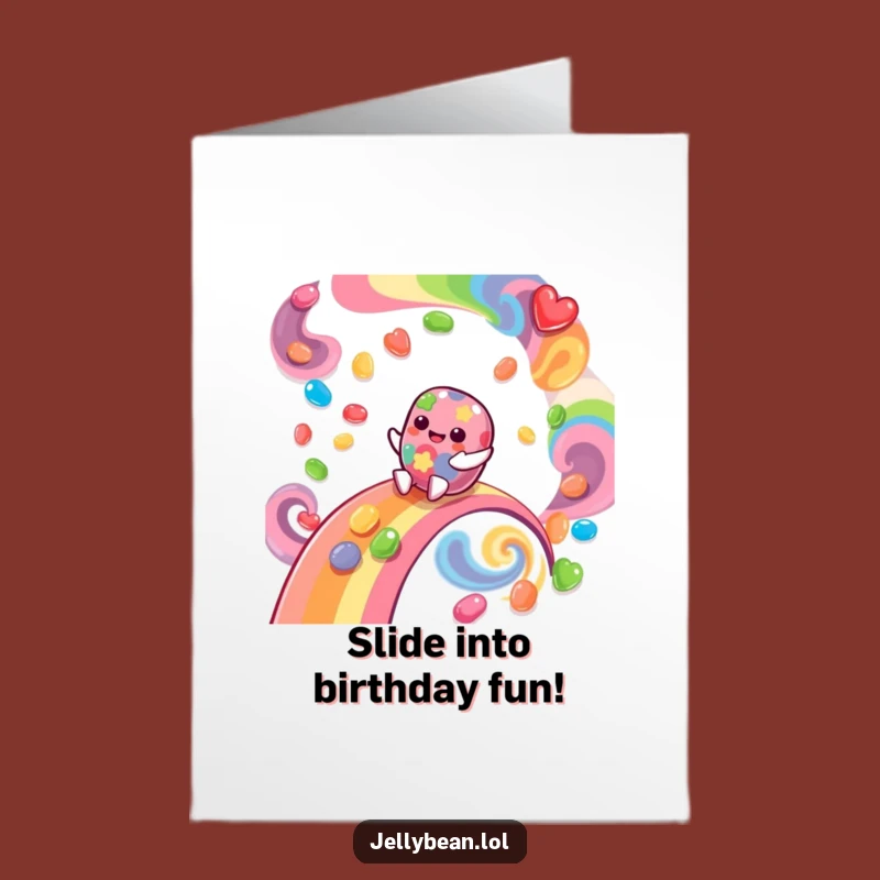Free Printable Birthday Card: Giggling Jelly Bean Rainbow Rider for a Funny Downloadable Gift