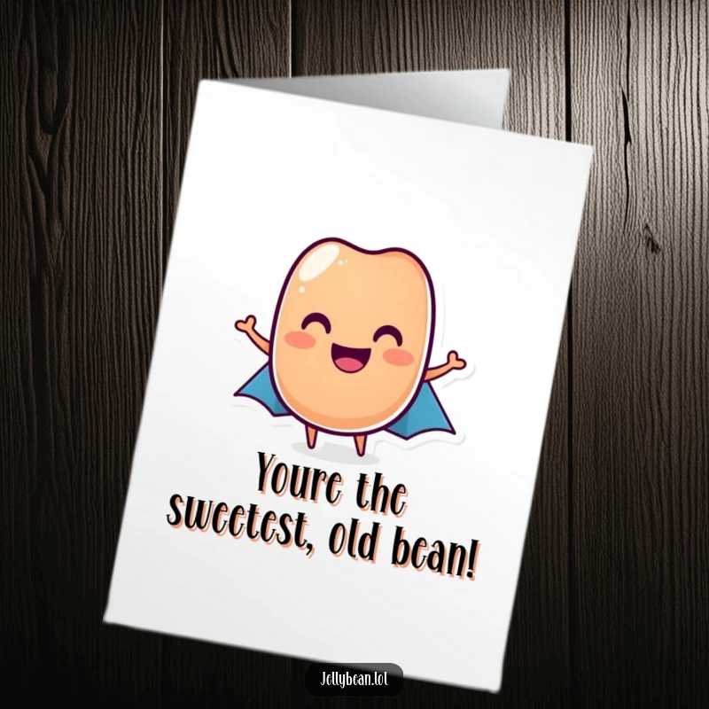 Funny Free Printable Birthday Card: A grinning jelly bean in a cape flies in, ready to deliver birthday joy.