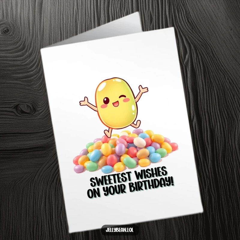 Funny Free Printable Birthday Card showing a jelly bean joyfully leaping into a huge pile of colorful candies.