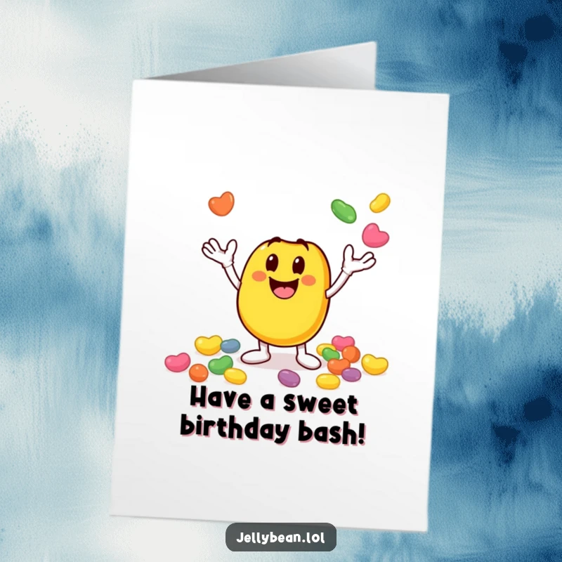 Funny Free Printable Birthday Card: Smiley jelly bean character enthusiastically juggling smaller beans, a celebration of sweet skills.