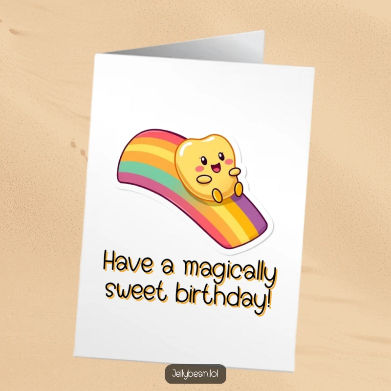 Funny Free Printable Birthday Card showing a jelly bean having a blast sliding down a bright, cheerful rainbow.