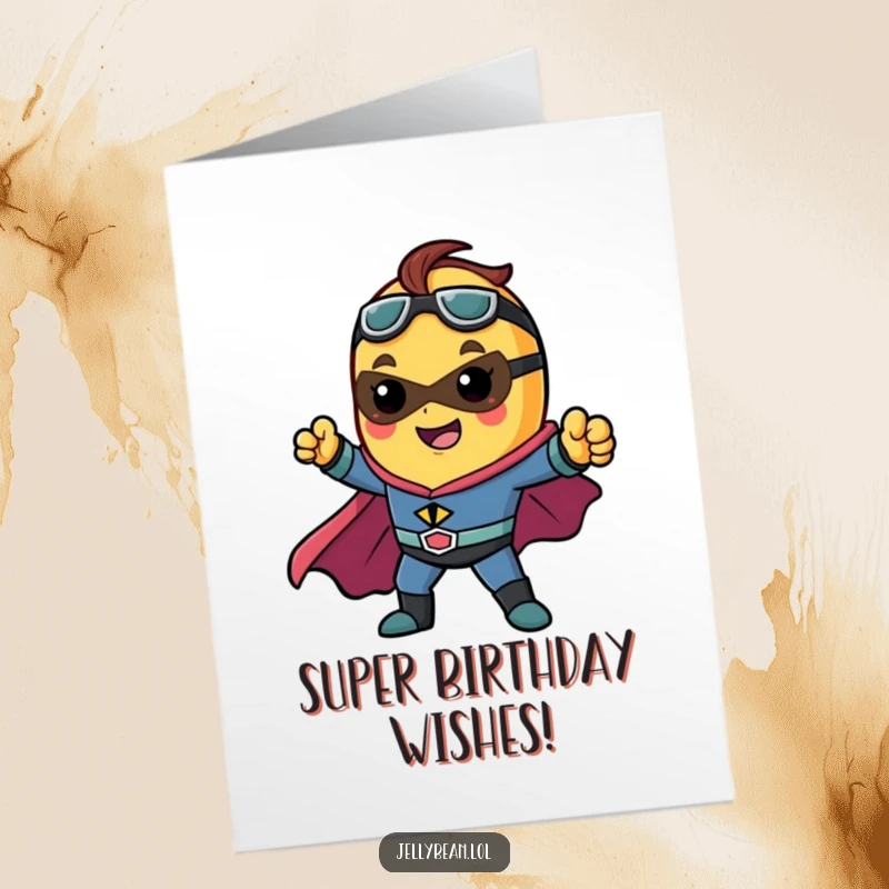 Funny Free Printable Birthday Card: Jelly bean superhero striking a dynamic pose, ready for action on a birthday, heroic DIY fun.