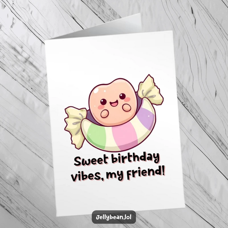 Funny Free Printable Birthday Card: Happy Jelly Bean Floating Blissfully on a Candy Wrapper