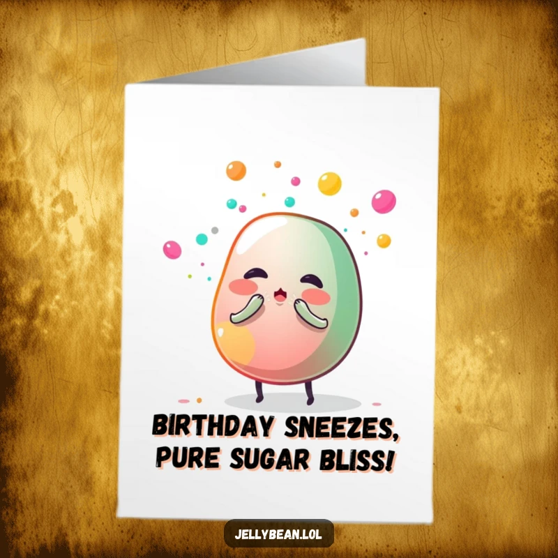 Funny Free Printable Birthday Card: Jelly Bean Character Sneezing a Big Cloud of Colorful Sugar
