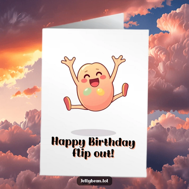 Funny Free Printable Birthday Card: A colorful jelly bean character does a cartwheel with pure joy and energetic abandon.