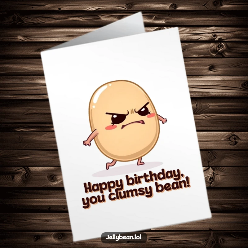 Funny Free Printable Birthday Card: Grumpy jelly bean trips with a grin, a funny downloadable art birthday gift.