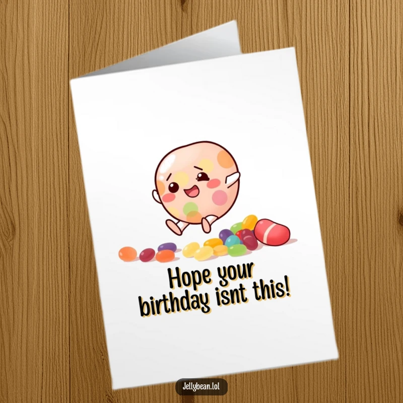 Funny Free Printable Birthday Card: Jelly bean character comically slipping on scattered candy, perfect DIY gift.
