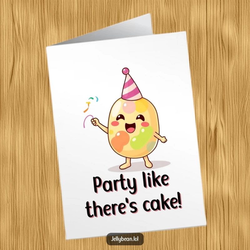 Funny Free Printable Birthday Card featuring a beaming jelly bean character joyfully tossing a party streamer, ready to celebrate.