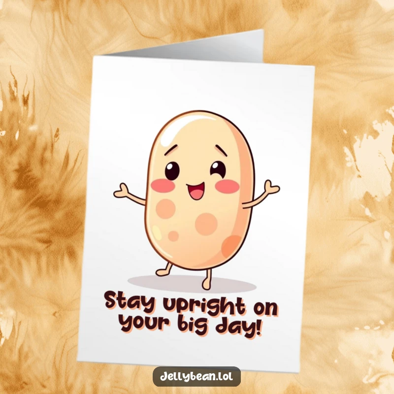 Funny free printable birthday card showing a wobbly jelly bean struggling to maintain balance with a determined look.