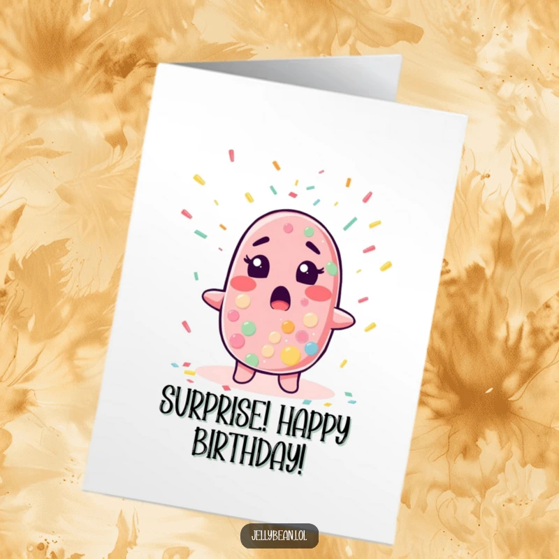 Funny Free Printable Birthday Card: Jelly bean character surprised by falling confetti, celebrating a birthday with shock and joy, festive DIY card.