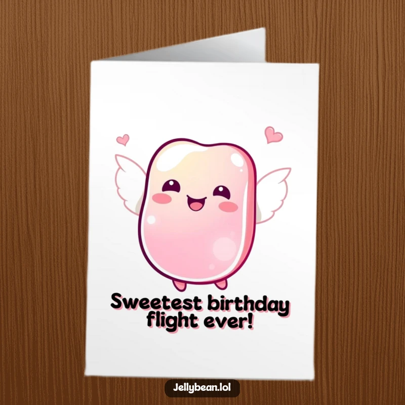 Funny free printable birthday card: Jubilant jelly bean with tiny wings, fluttering joyfully, whimsical and sweet downloadable art.