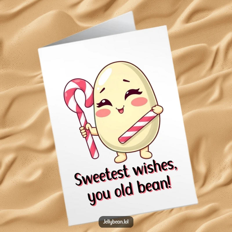 Funny Free Printable Birthday Card: A winking jelly bean character holding a candy cane cane, ready to party