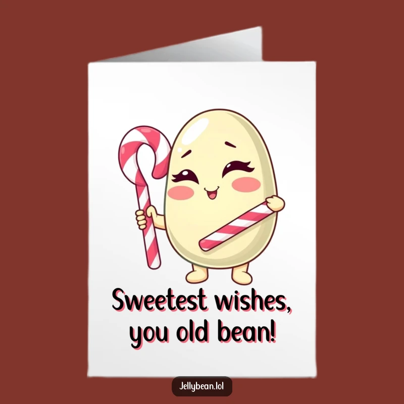 Free Printable Birthday Card: Winking Jelly Bean with Candy Cane, Funny Downloadable Gift