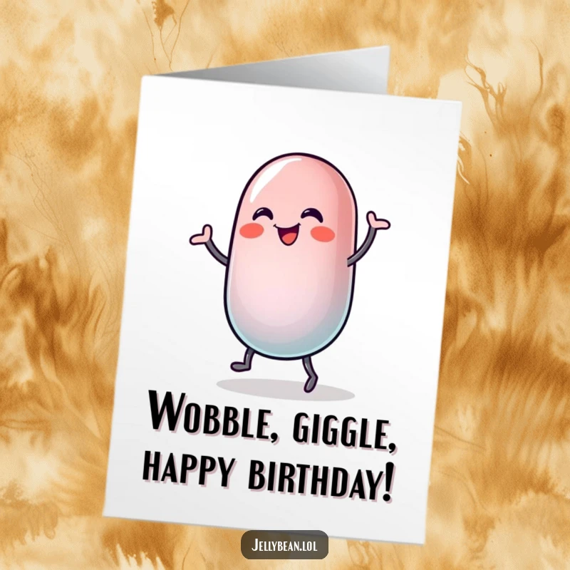 Funny Free Printable Birthday Card: A jelly bean character doing a silly, joyful dance with its body wobbling.