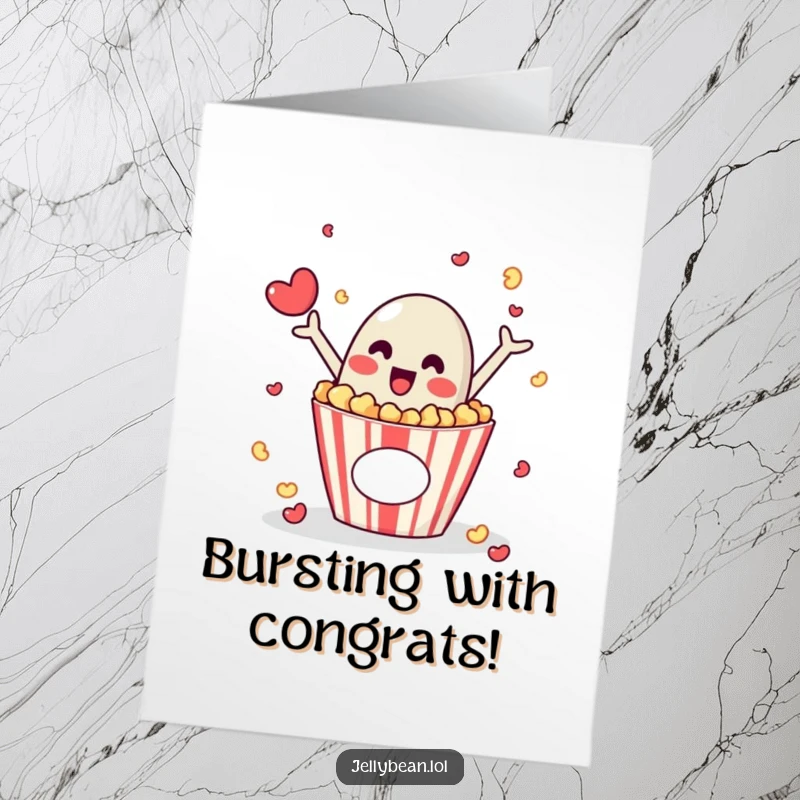 Funny Free Printable Congratulations Card: Jelly bean character exploding from popcorn box with excitement, celebrating a win, great downloadable gift.