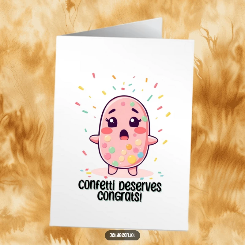 Funny Free Printable Congratulations Card: Jelly bean character looking surprised as confetti rains down, celebrating success, delightful downloadable gift.
