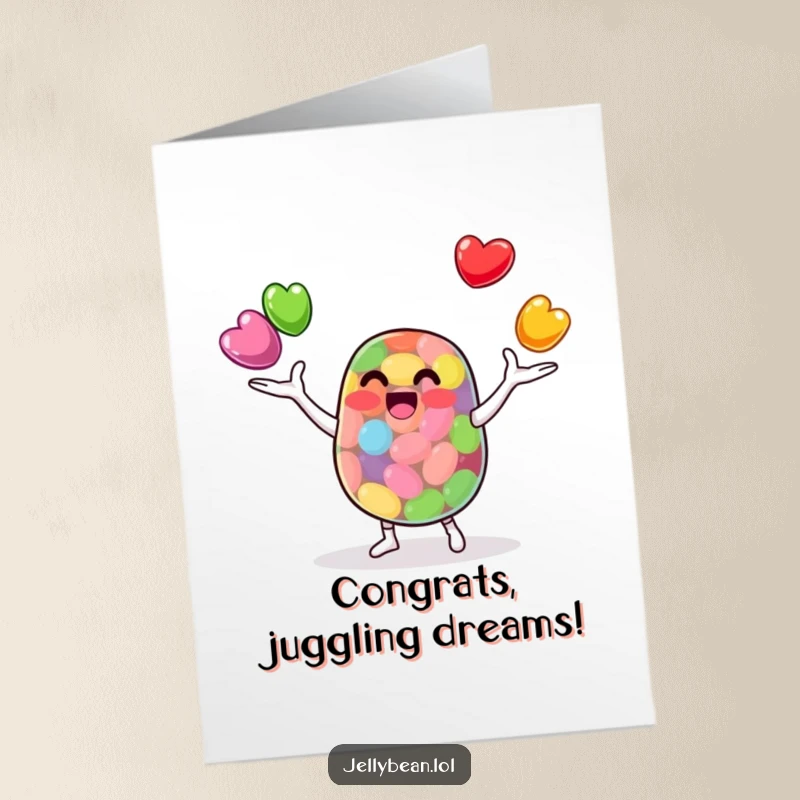 Funny Free Printable Congratulations Card: A jelly bean character juggles three smaller jelly beans with remarkable skill.