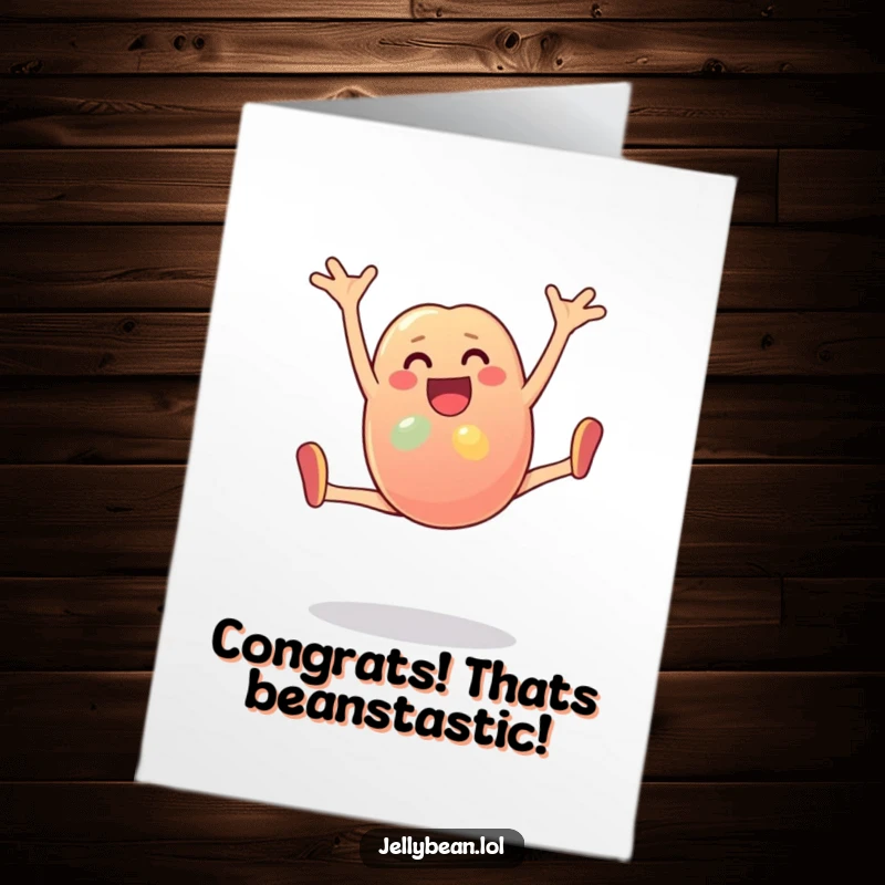 Funny Free Printable Congratulations Card: A jelly bean character performs a cartwheel with immense joy, celebrating success.