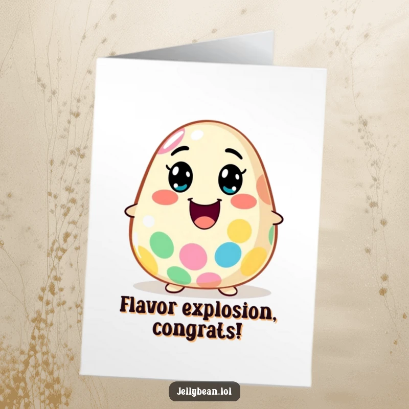 Funny Free Printable Congratulations Card: A jelly bean character smiling wide, exploding with flavor to celebrate