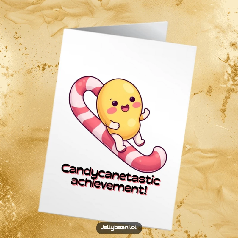 Funny Free Printable Congrats Card: Jelly bean character happily riding a giant candy cane, perfect downloadable gift.