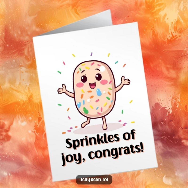 Funny Free Printable Congratulations Card: A jelly bean character doing a silly dance with rainbow sprinkles, cheering success