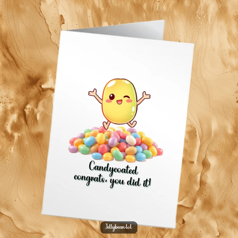 Funny Free Printable Congratulations Card depicting a jelly bean gleefully plunging into a mountain of delicious candy.