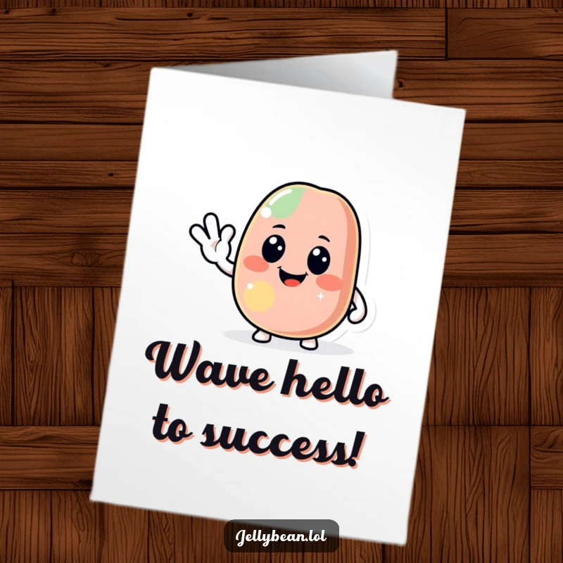 Funny free printable congratulations card of a jolly jelly bean extending a friendly wave of congratulations.