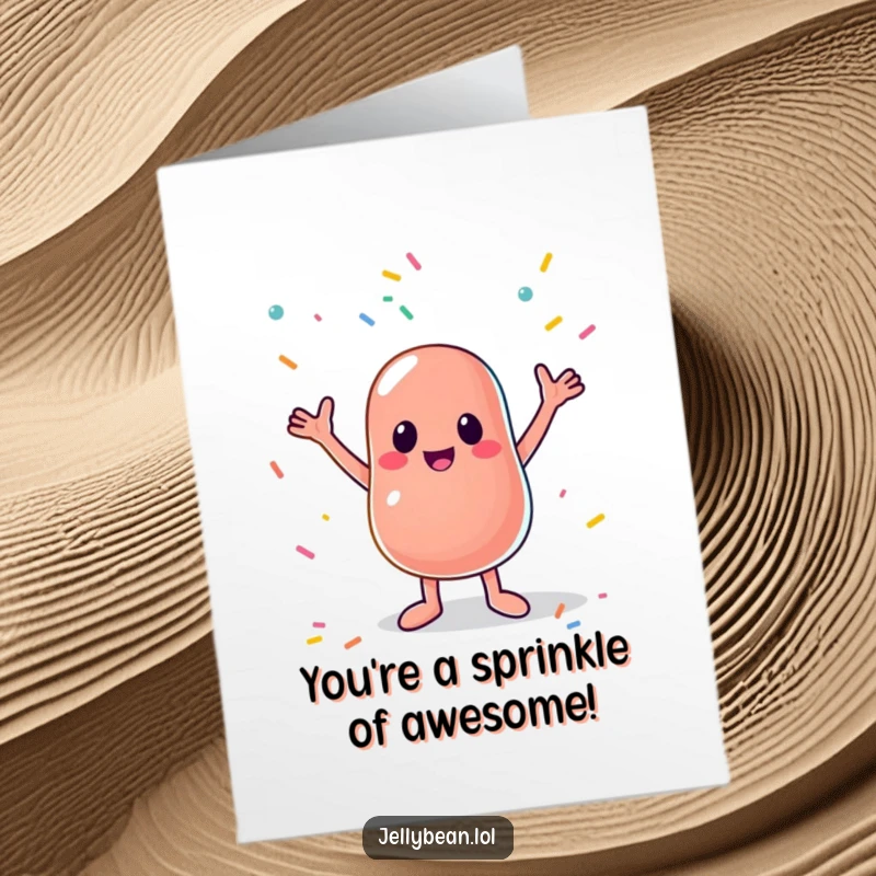 Funny Free Printable Congrats Card: Jelly Bean Character Grabbing Falling Sprinkles in Celebration