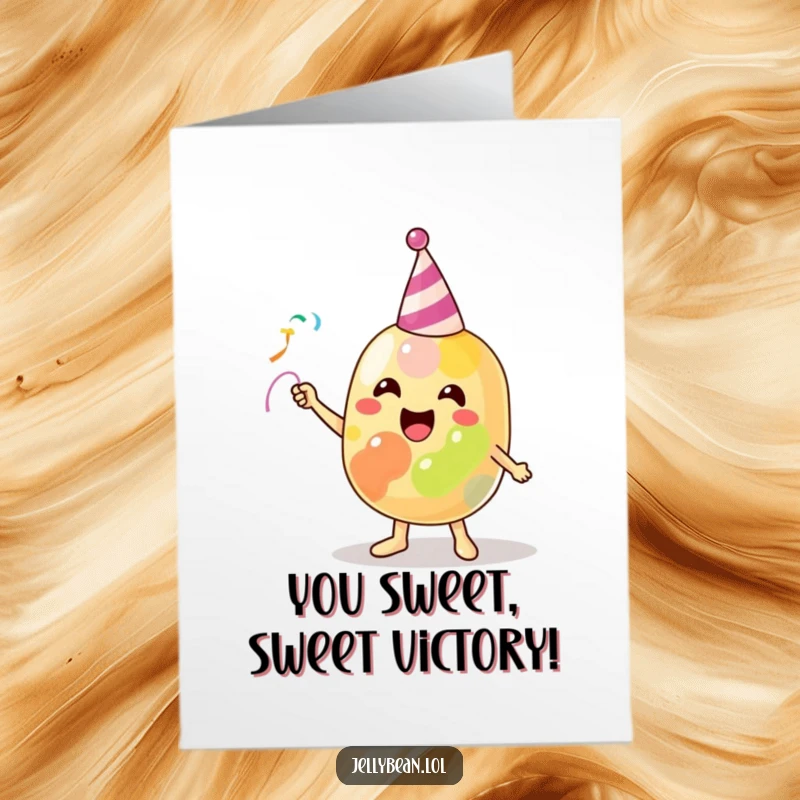 Funny Free Printable Congratulations Card showing a delighted jelly bean character enthusiastically launching a party streamer in celebration.