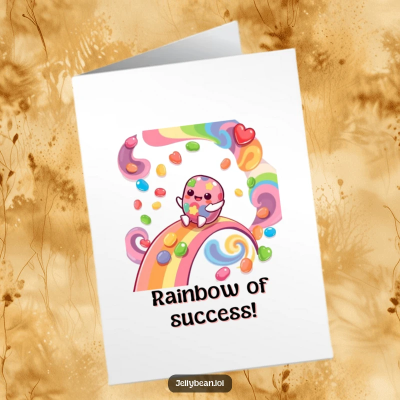 Funny Free Printable Congratulations Card features a happy jelly bean sliding down a vibrant, swirled-flavor rainbow, exuding pure delight.
