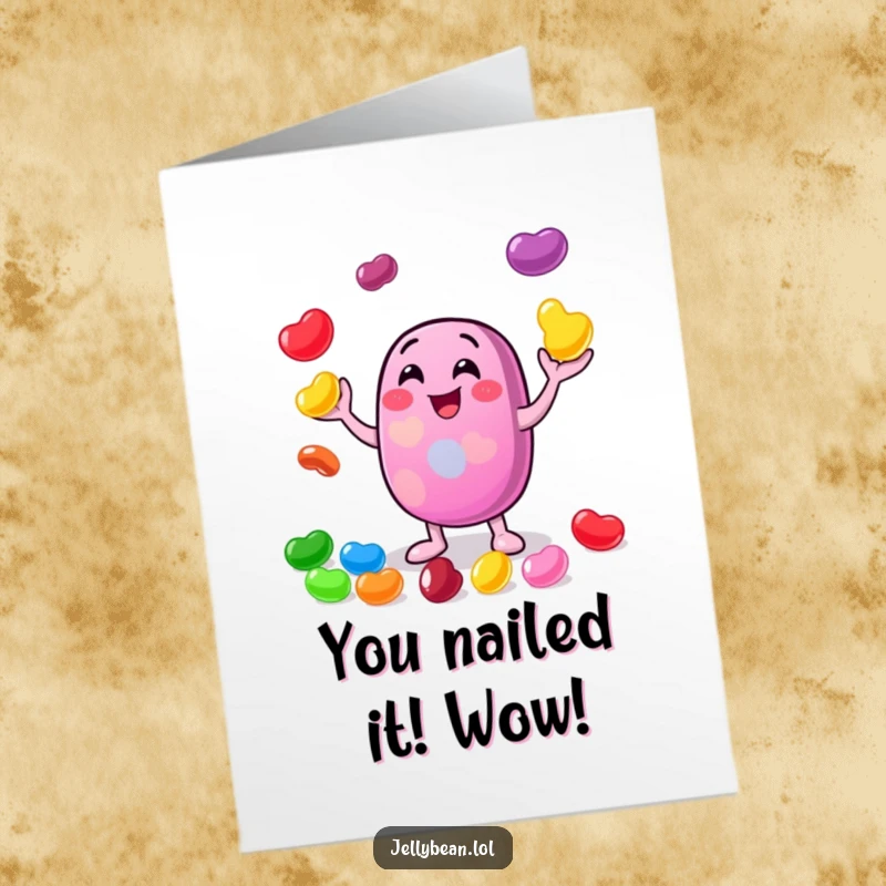 Funny Free Printable Congratulations Card: A cheerful jelly bean character masterfully juggling colorful beans, showcasing pure glee and celebratory spirit.
