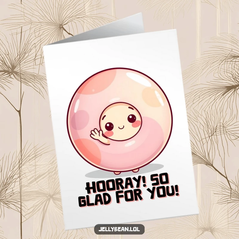 Funny Free Printable Congratulations Card: A shy jelly bean character cautiously peeking from a large gumdrop, giving a small, sweet wave.