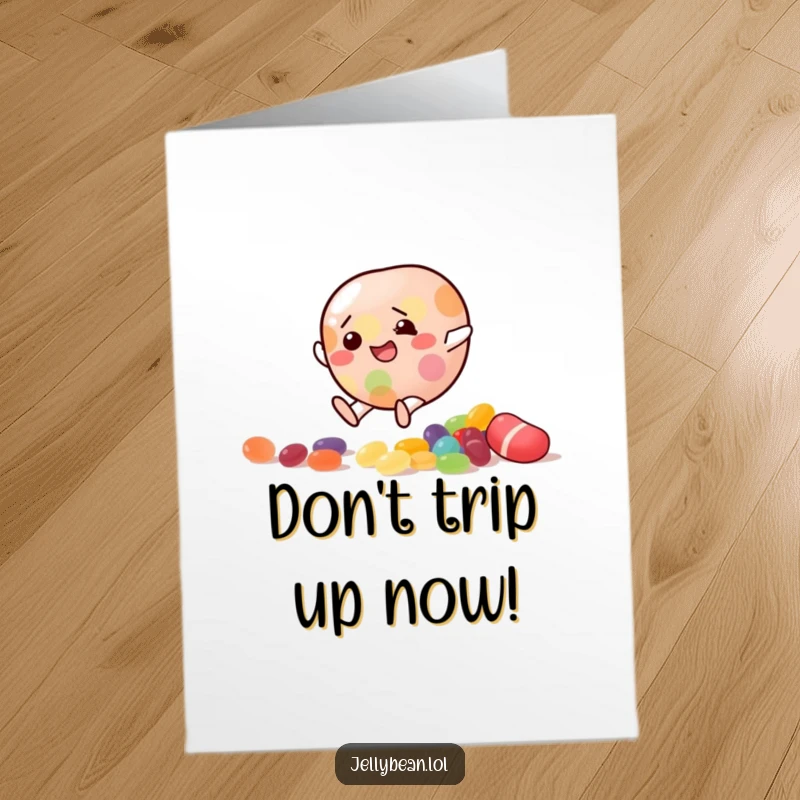 Funny Free Printable Congrats Card: Jelly bean character comically slipping on candy, perfect downloadable gift.