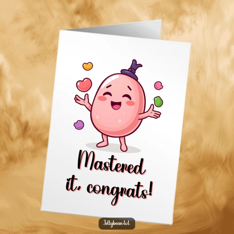Funny Free Printable Congratulations Card: Jelly bean character happily juggling candies, celebrating success, vibrant downloadable gift.