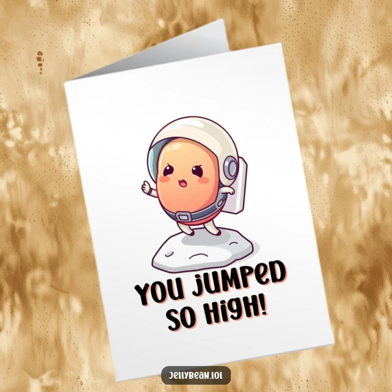 Funny free printable congrats card: Jelly bean astronaut bouncing on the moon, celebrating a major achievement, space-themed art.