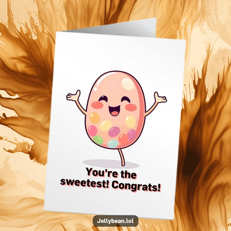 Funny Free Printable Congratulations Card: A happy jelly bean character busting a move to celebrate achievements.