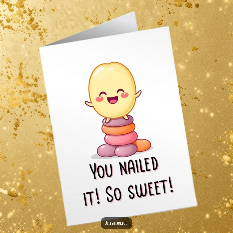 Funny Free Printable Congratulations Card: A gleeful jelly bean character artfully balances atop a towering pile of sweet candies.