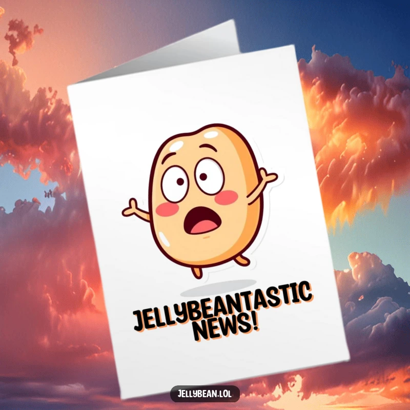 Funny Free Printable Congrats Card: Shocked jelly bean character jumping, a perfect downloadable gift.