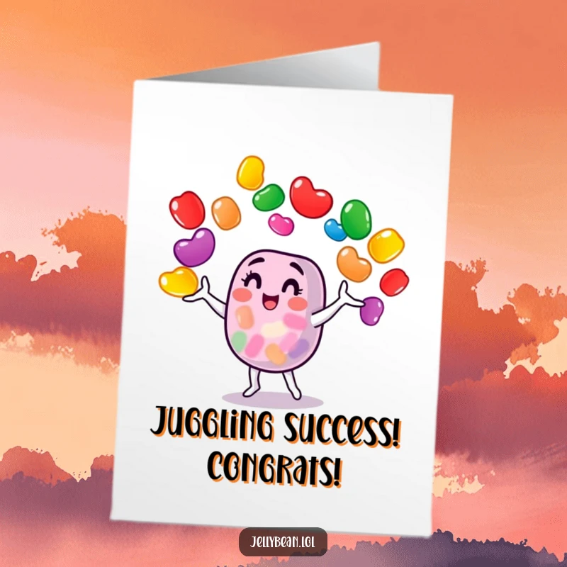 Funny Free Printable Congratulations Card showing a triumphant jelly bean character juggling celebratory candies with skill.