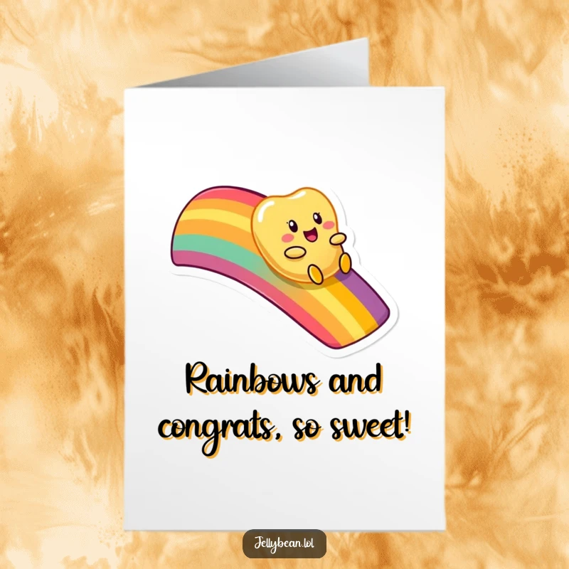 Funny Free Printable Congratulations Card of a jelly bean joyfully sliding down a colorful, vibrant rainbow.