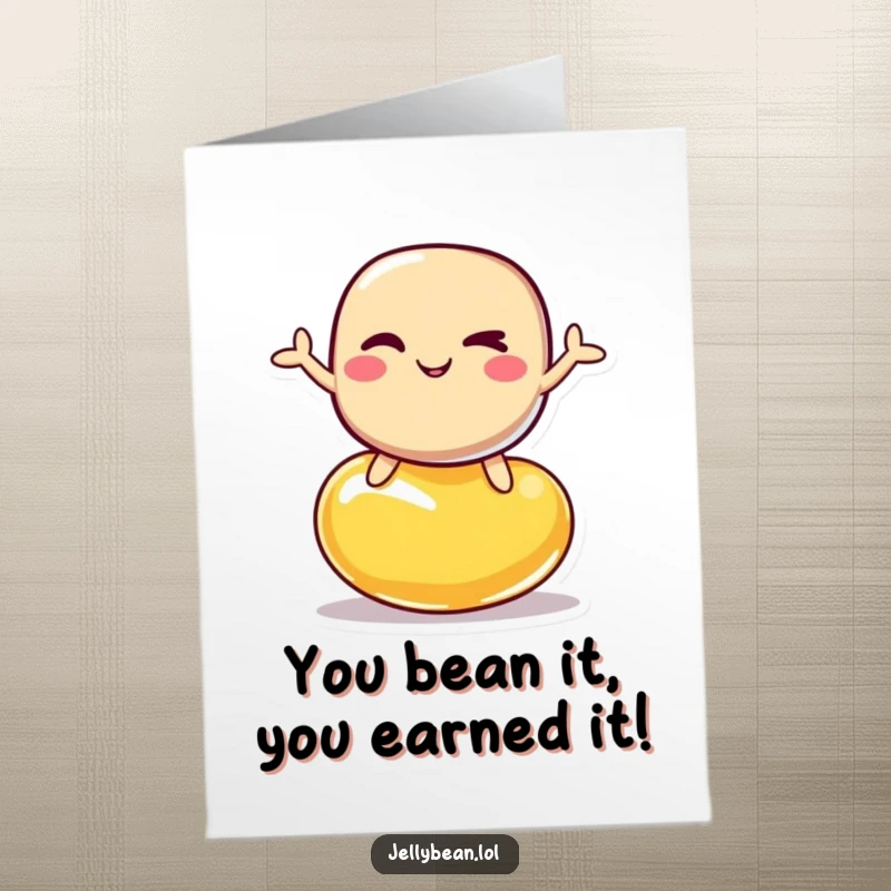 Funny Free Printable Congratulations Card with a winking jelly bean character triumphantly balancing on a smaller jelly bean.