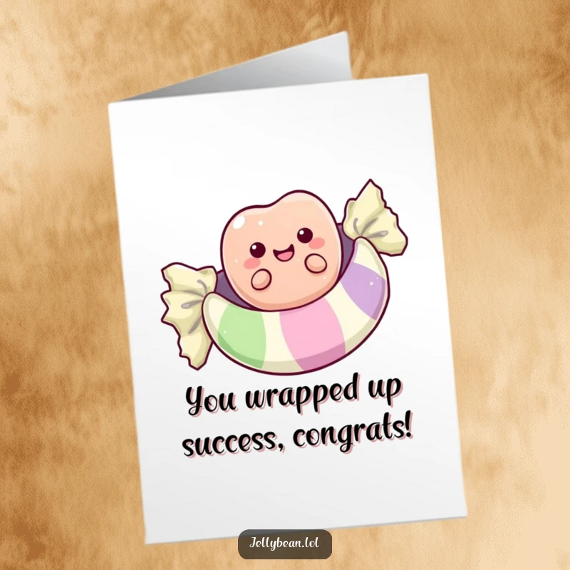 Funny Free Printable Congrats Card: Jelly Bean Character Enjoying a Ride on a Candy Wrapper