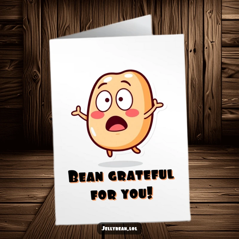 Funny Free Printable Thank You Card: Surprised jelly bean character jumping with wide eyes, ideal DIY gift.