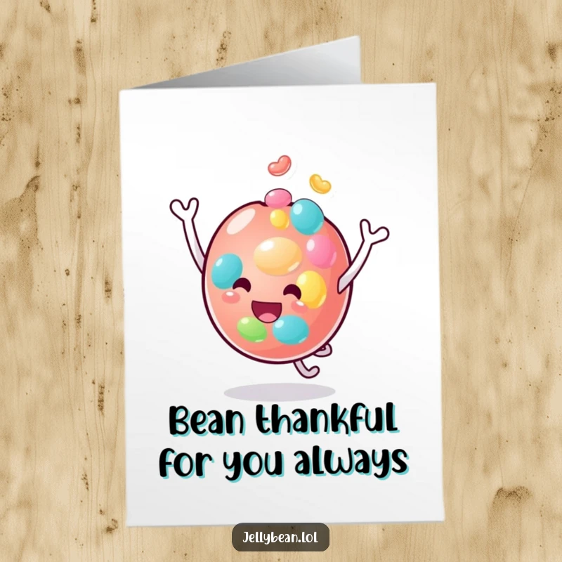 Funny Free Printable Thank You Card: A happy jelly bean performs a head bounce, a unique way to say thanks.