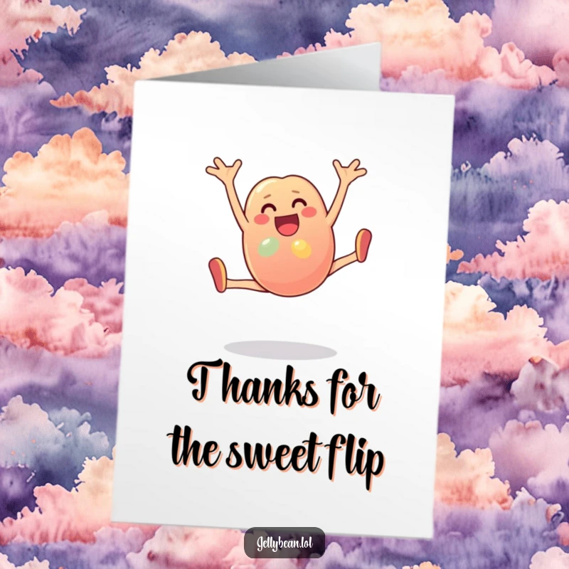Funny Free Printable Thank You Card: A jelly bean character cartwheels with joyous abandon, expressing thanks.