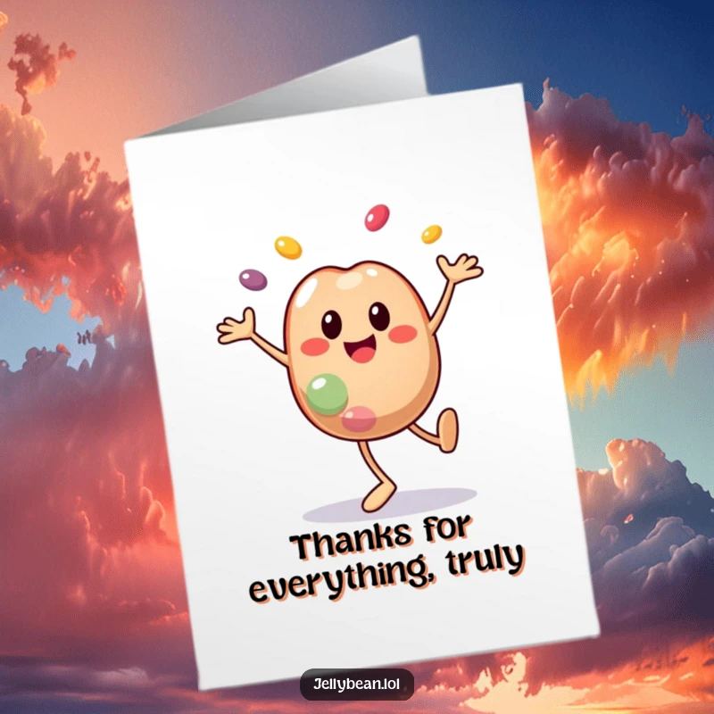 Funny Free Printable Thank You Card: Jelly bean character cartwheeling with segments flying, a joyful expression of gratitude.