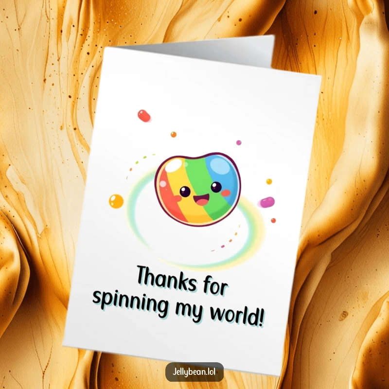 Funny Free Printable Thank You Card: A jelly bean spinning with a rainbow trail, expressing colorful thanks, printable.