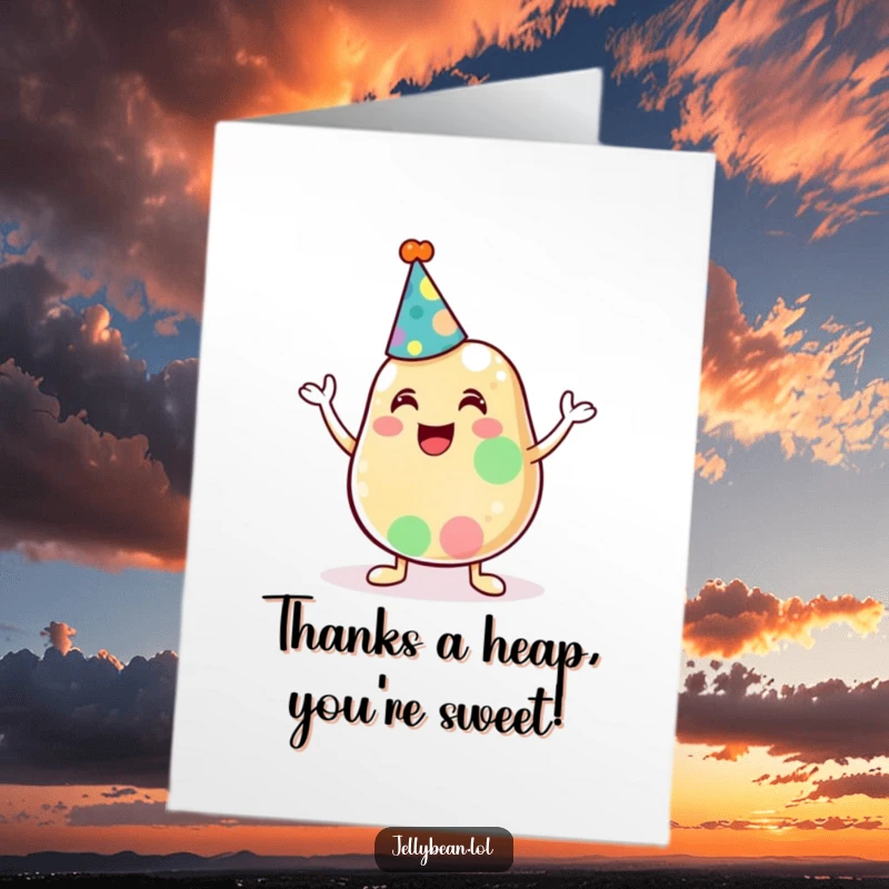Funny Free Printable Thank You Card showcasing a jelly bean wearing a tiny hat, giving a cheerful thumbs-up of thanks.