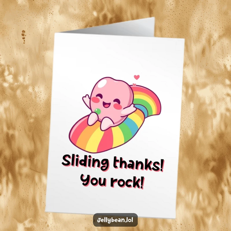 Funny Free Printable Thank You Card depicting a joyful jelly bean character sliding down a bright rainbow.