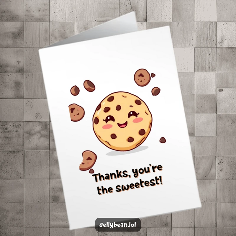 Funny Free Printable Thank You Card showing a happy chocolate chip cookie character with a big, inviting grin, sending thanks.